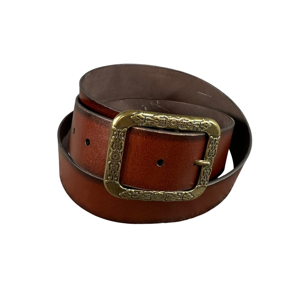 Vintage Style Cognac Bonded Leather Belt Ornate Brass Buckle Size L 040449-200